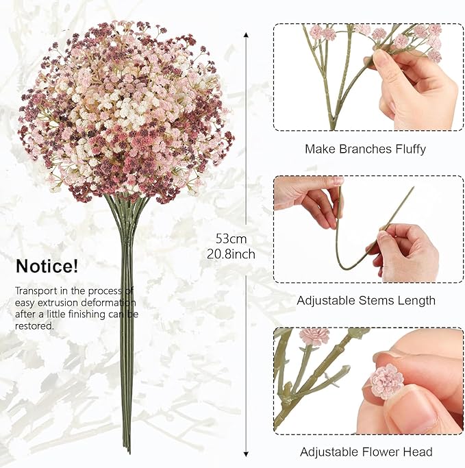 Baby Breath Fall Flowers Artificial Bulk, 15Pcs Fall Decor Fake Gypsophila Plants Bouquets Flowers Real Touch Faux Babies Breath Arrangement for Home Autumn Wedding Party Vase Decoration Pink
