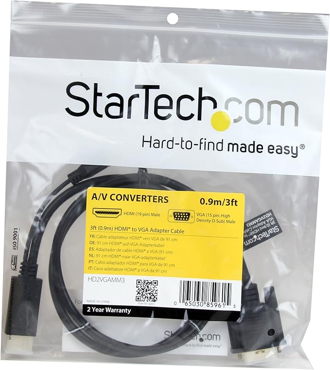 StarTech.com HDMI to VGA Cable - 3 ft / 1m - 1080p - 1920 x 1200 - Active HDMI Cable - Monitor Cable - Computer Cable (HD2VGAMM3)