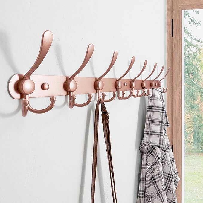 Dseap Coat Rack Wall Mount - 29.5” Long 8-Tri-Hooks Heavy Duty Coat Hanger Rail Wall Hooks for Hanging Coats Hats Clothing Clothes Purse Mudroom Entryway, Rose Gold, Pack of 2