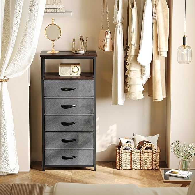 Huuger 5 Drawers Dresser with Charging Station, Dresser for Bedroom, Tall Night Stand, Chest of Drawers with Open Shelf, Bedside Table Nightstand, Fabric, for Entryway, Adult Only, Walnut