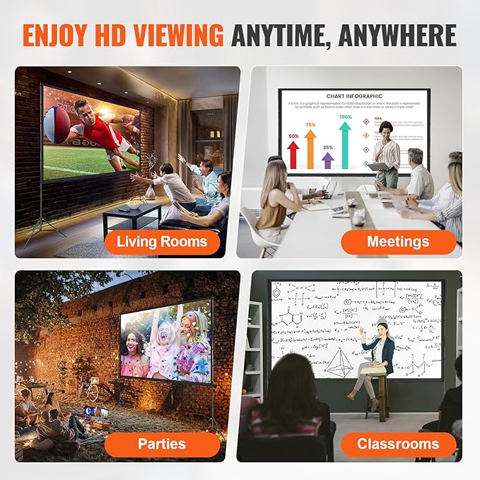 VEVOR Projector Screen with Stand, 120 inch 16:9 4K 1080 HD Outdoor Movie Screen with Stand, Wrinkle-Free Projection Screen with Tripods and Carry Bag, for Home Theater Cinema Backyard Movie Night