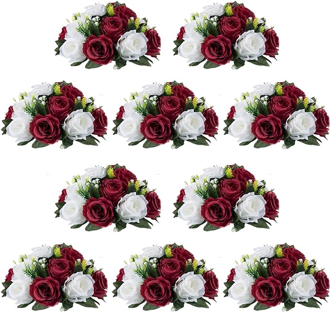 NUPTIO Flower Wedding Centrepieces for Tables - 10 Pcs 9.5in Diameter Burgundy & White Artificial Flowers Rose Ball for Centerpieces Table - Fake Rose Arrangements for Weddings Birthday Party Decor