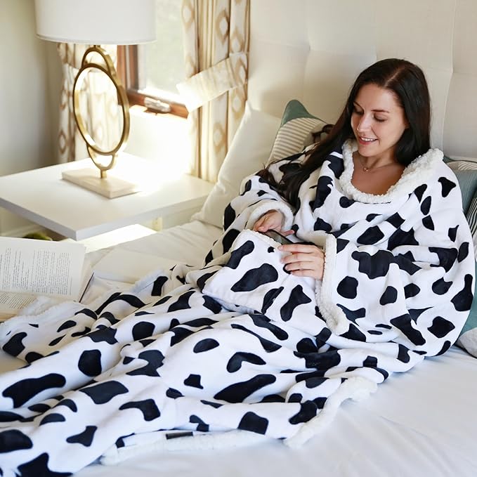 Catalonia Cow Print Sherpa Wearable Blanket with Sleeves & Foot Pockets for Adult Women Men, Comfy Snuggly Wrap Sleeved Throw Blanket Robe, Gift Idea
