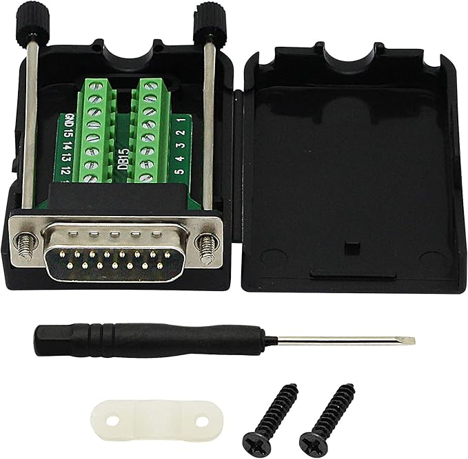 CERRXIAN DB15 Breakout Connector, DB15 D-SUB Male Solderless Serial to DB15 Screw Wiring Terminal Module Signal Breakout PCB Board with Plastic Case & Screws Long Bolt (Black) (MB)
