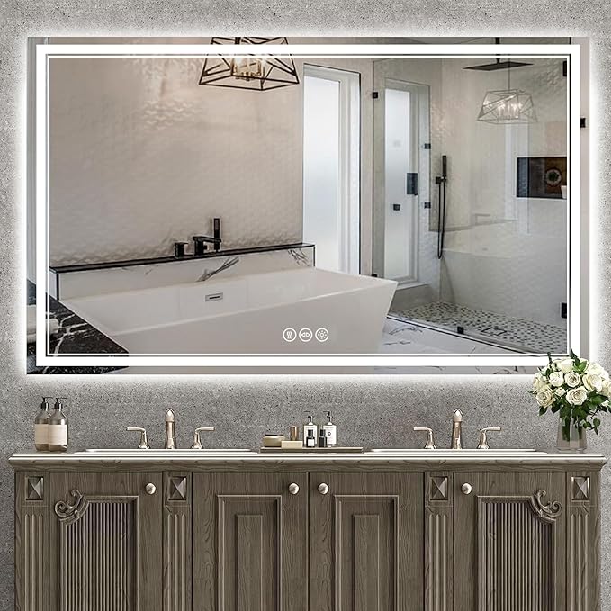 60''x36'' Lighted Mirrors for Bathroom Wall Backlit + Front Lit, Rectangular LED Bathroom Mirror Frameless with Lights Anti Fog, Dimmable, 3 Colors,Tempered Glass, Shatter-Proof (Color 1