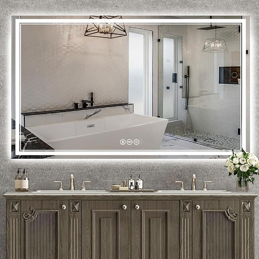 60''x36'' Lighted Mirrors for Bathroom Wall Backlit + Front Lit, Rectangular LED Bathroom Mirror Frameless with Lights Anti Fog, Dimmable, 3 Colors,Tempered Glass, Shatter-Proof (Color 1