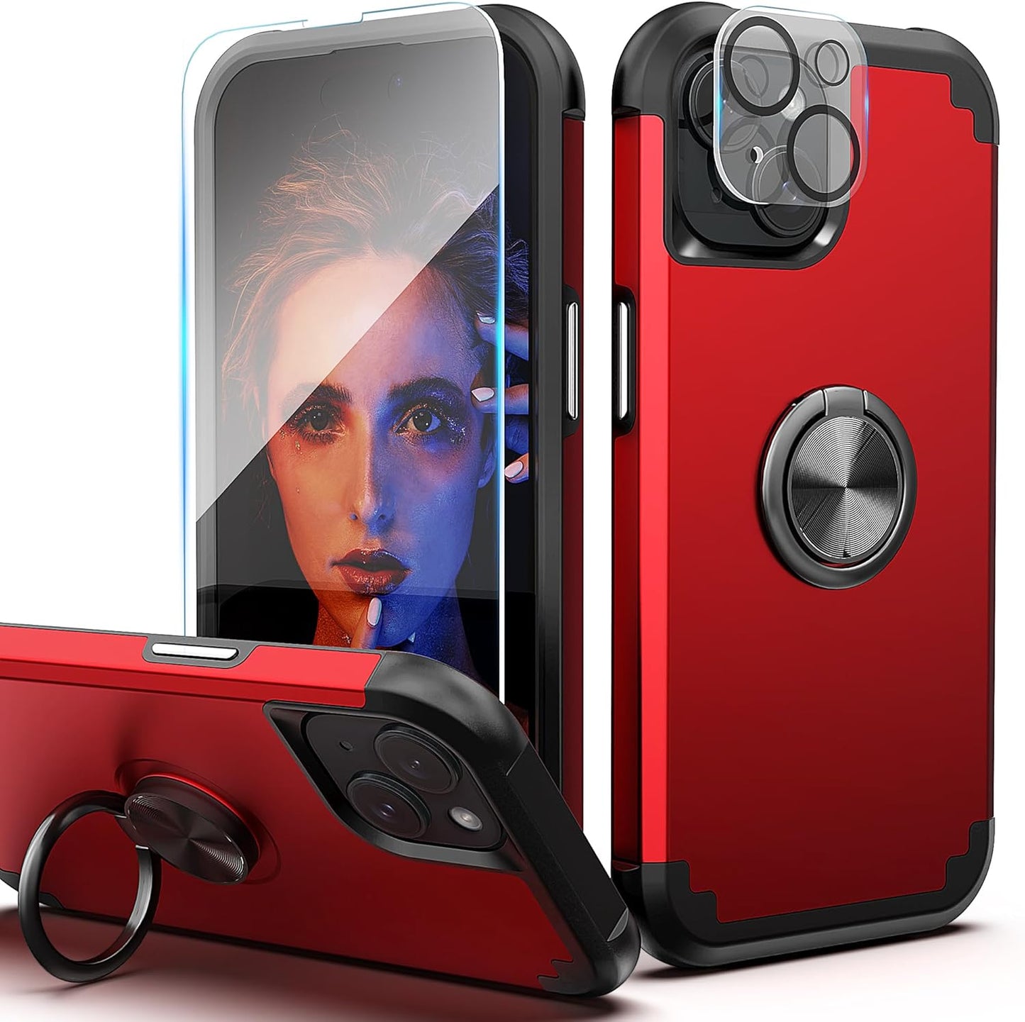 IDweel iPhone 14 Plus Case: 2-in-1 Shockproof Cover with Screen Protector, 360° Ring Holder, Camera Lens Protector, Red.