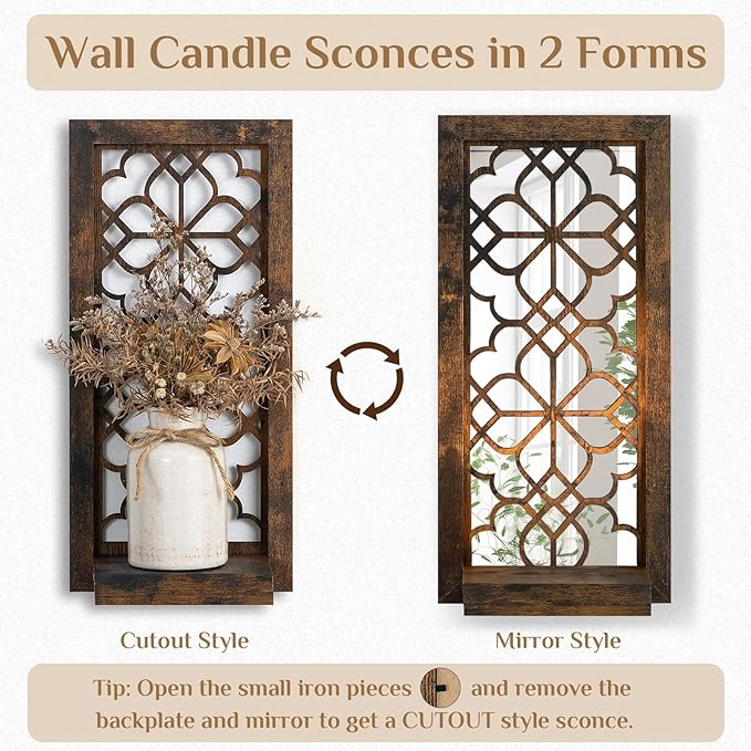 Wall Candle Holder for Farmhuose Decor: Decorative Rustic Folating Shelves Candle Sconces for Pillar Candles - Brown Wood Wall-Mounted Candle Shelf for Bathroom Fireplace