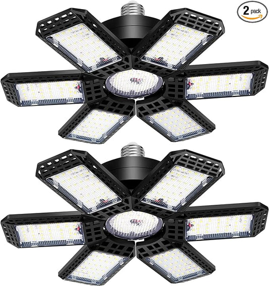 2 Pack Garage Light, 200W 20000LM 6500K LED Shop Lights, Garage Lights Ceiling Led with 6+1 Deformable Panels, Screw in E26/E27 Socket Bulb for Warehouse, Workshop, Basement, Barn Lighting