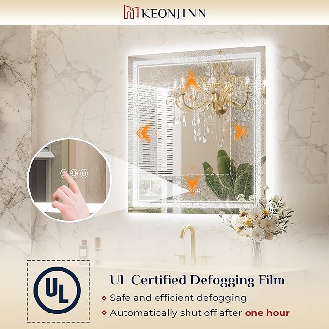 Keonjinn LED Bathroom Mirror 48” x 30” with Frontlit and Backlight, Stepless 3 Colors Temperature & Dimmable Wall Mirror, Tempered Glass, UL Listed LED Driver, Double Lights, Anti-fog Frameless Mirror