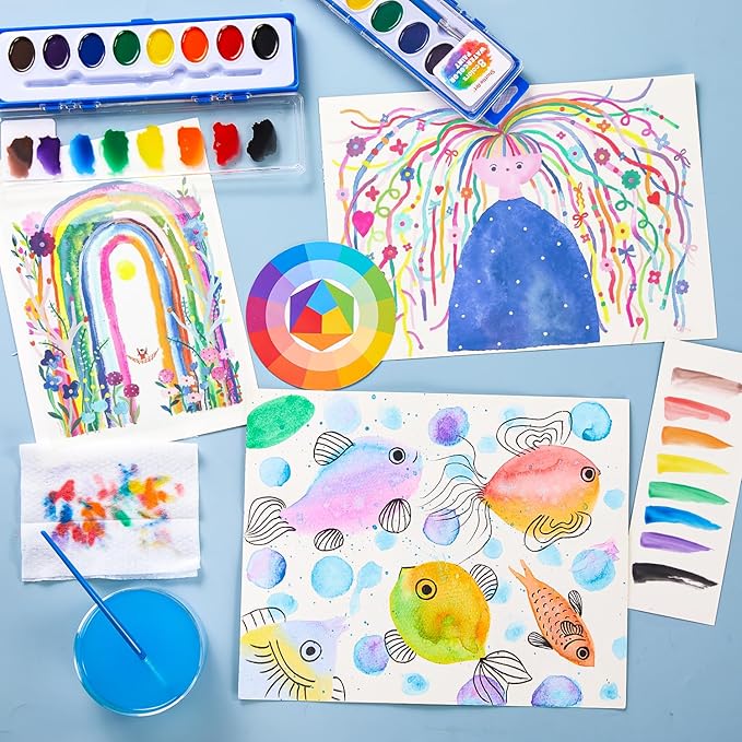 Shuttle Art 8 Colors Watercolor Paint Set, 24 Pack with Paint Brushes & Color Wheels, Washable for Kids & Adults, Suitable for Classroom, Parties, Kindergarten & Art Activities