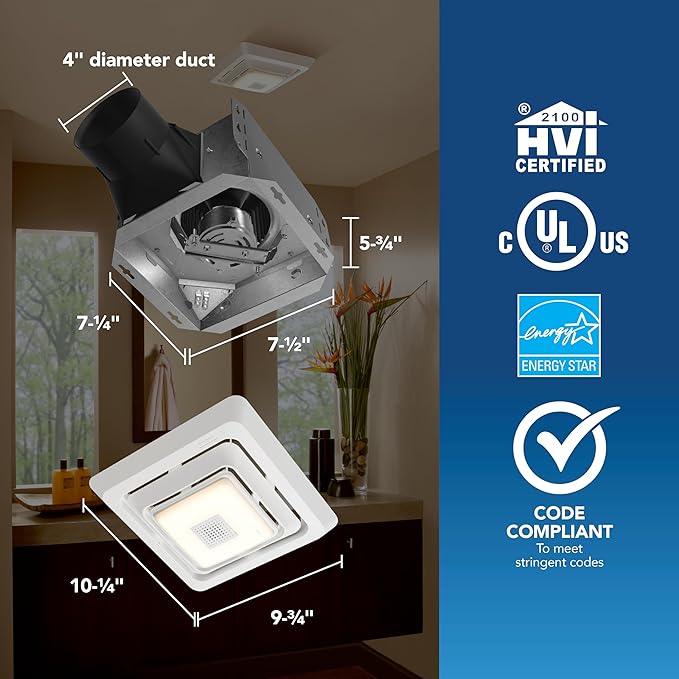 Broan-NuTone® Roomside Series Bluetooth Speaker Bathroom Exhaust Fan with LED Light, 70 CFM 2 Sones, ENERGY STAR