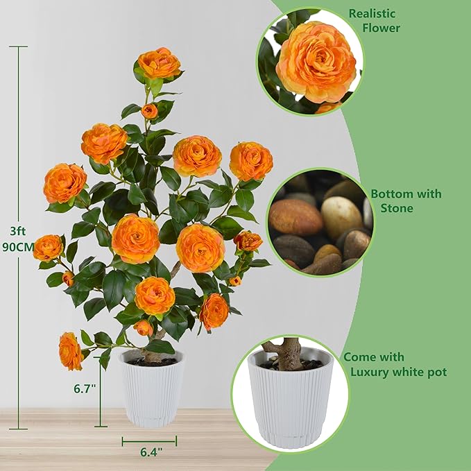 Artificial Camellia Tree 3ft, Fake Plant in White Pot, Faux Camellia Silk Flower Potted Tree for Indoor Outdoor Home Livingroom Office Decor (Orange)