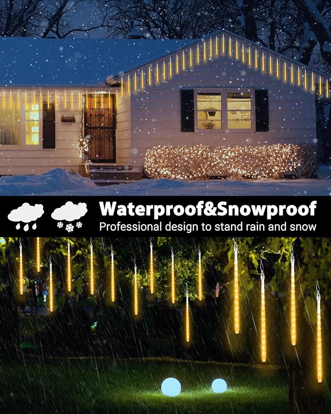 Joomer Christmas Lights Outdoor, 11.8 inch 10 Tubes 240 LED Meteor Shower Lights, LED Snow Falling Icicle Cascading Light with Timer Waterproof and Connectable for Christmas Decoration (Warm White)