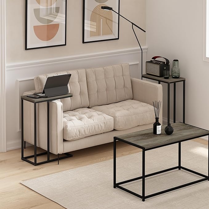 Furinno CAMNUS Side Table Set of 2, C-Shape Sofa End Table for Couch, Metal Frame Night Stand, Bedside Table, for Living Room, Bedroom, French Oak Grey