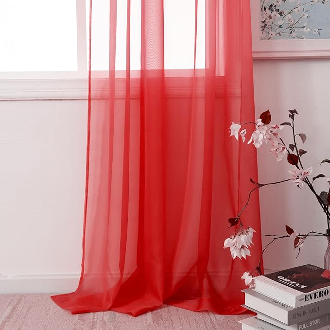 HUTO Christmas Red Sheer Curtains 96 inches Long for Baby Wedding Party Backdrop Rod Pocket Window Sheer Panels Drapes for Bedroom Nursery Living Room 2 Panels Voile Sheer 52 Width by 96 Inch Length