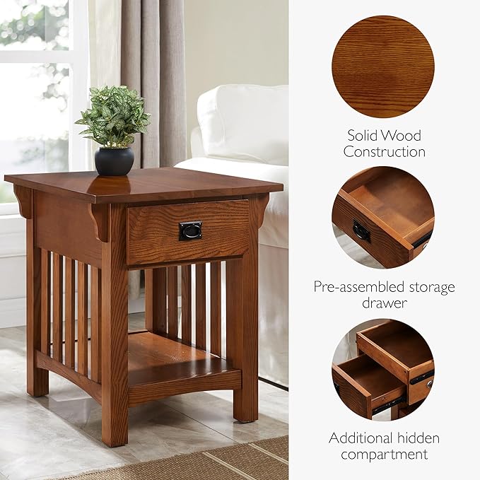 Leick Home Mission End Table, Solid Wood, 1 Storage Drawer, Additional Secret Compartment, Bottom Display Shelf, Easy-Assembly, Medium Oak, 20 in L x 24 in W x 24 in H, 8222-SC