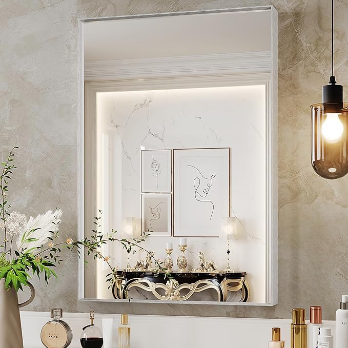 Suidia Bathroom Mirror, 24" x 36" Wall Mirror Metal Framed, Bathroom Vanity Mirror for Living Room Bedroom Bathroom Entryway, Silver, Rect Corner Style