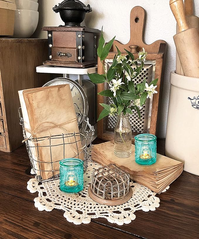 Blue Votive Candle Holders Set of 12, Vintage Blue Tealight Candle Holders, Teal Candle Holder for Wedding Home Decor, Embossed Candle Votives for Bridal Shower Decor/Thanksgiving/Christmas