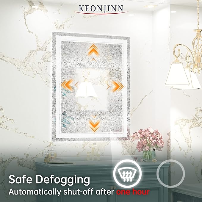 Keonjinn LED Bathroom Mirror with Lights, 28 x 36 Inch Front Lighted Vanity Mirror, HD Tempered Glass, UL-Listed LED Driver, Anti-Fog, 6000K Dimmale, Memory Function, Easy Installation