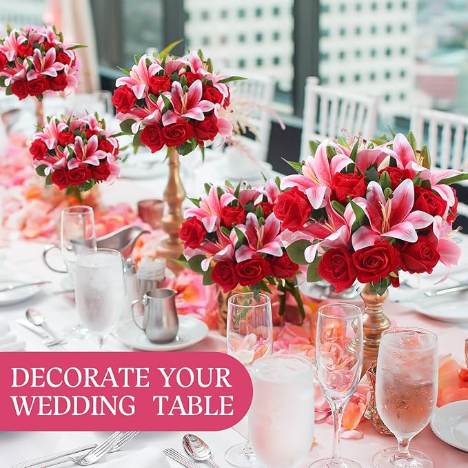 Hotop 20 Pcs Artificial Flowers Velvet Realistic Roses and Latex Lilies Flowers Bouquet Decorations Arrangements for Home Table Centerpieces Independence Day(Pink, Red)
