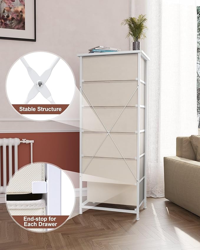Crestlive Products Tall Dresser for Closet, Vertical Storage Tower - Sturdy Steel Frame, Wood Top, Easy Pull Fabric Bins Handles - Organizer Unit for Bedroom, Hallway, Entryway - 6 Drawers (Beige)