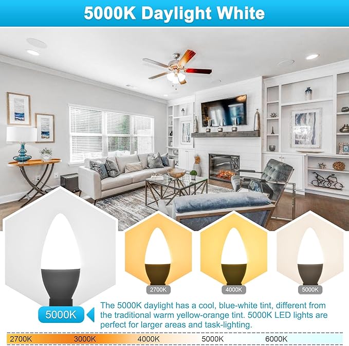 Sailstar Ceiling Fan Light Bulbs 60 Watt Equivalent, 5W Candelabra LED Light Bulbs, 500LM, Daylight 5000K, E12 Small Base Light Bulbs, B11 Type B Bulb for Chandelier, CRI 85, Non-dimmable, 3 Pack