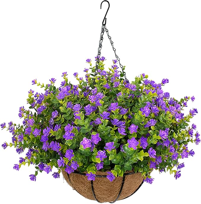 Artificial Hanging Flowers Basket for Outdoor, 16 Fake Flowers Look Real UV Resistant, Faux Hanging Plants for Porch, Balcony, Patio, Garden, Spring Summer Decor,Purple