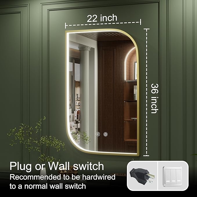 22x36 Inch Gold LED Mirror for Bathroom with Lights, Adjustable 3000K/4500K/6000K, Irregular Frame Lighted Bathroom Vanity Mirror, Stepless Dimmable, Anti-Fog, Wall Mounted