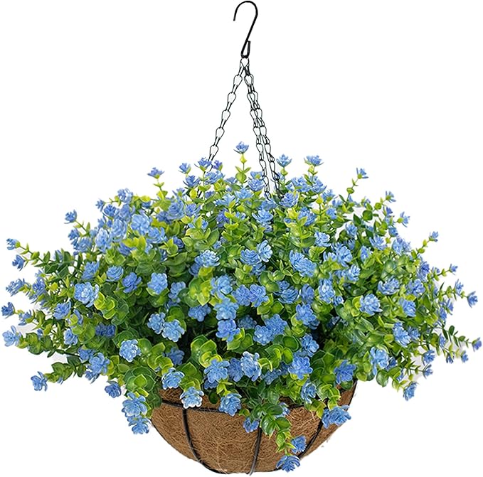 Artificial Hanging Flowers Basket for Outdoor, 16 Fake Flowers Look Real UV Resistant, Faux Hanging Plants for Porch, Balcony, Patio, Garden, Spring Summer Decor,Blue
