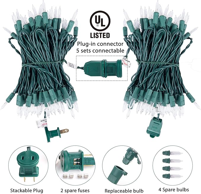 Clear Christmas Lights 200 Count 50 Feet Bulb Mini Lights, Waterproof String Light for Indoor Xmas Tree Garland Birthday Wedding Decoration, Green Wire