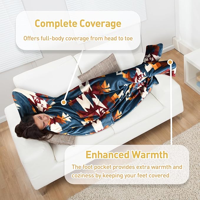 Catalonia Wearable Fleece Blanket with Sleeves and Foot Pockets for Adult Women Men, Micro Plush Comfy Wrap Sleeved Throw Blanket Robe Large, Southwest Blue