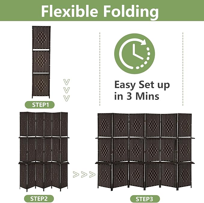 Room Divider 6 Panel Room Screen Divider Folding Portable partition Screen Wood with Removable Storage Shelves, Dark Brown