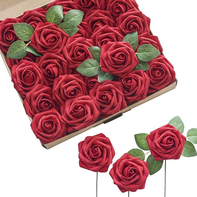 Ling's moment Artificial Flowers 50Pcs Kentucky Red Roses Decor w/Stems,3" Real Touch DIY Foam Floral for Wedding Bouquet/Centerpieces, Outdoors Party Backdrop, Room/Table, and Garden/Pot Decorations