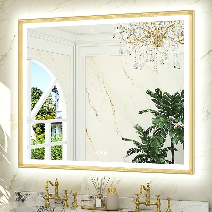 TETOTE 48x40 LED Bathroom Mirror with Lights Gold Metal Framed Front & Back Light Vanity Mirror Baroque Antifog Stepless Dimmable White/Warm/Natural,CRI90+,Waterproof,Wall Mounted(Horizontal/Vertical)