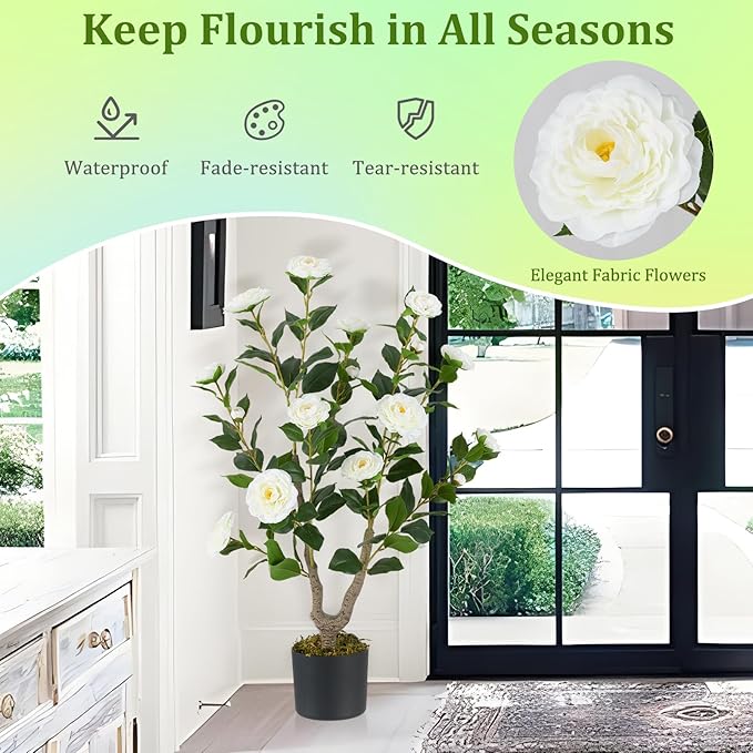 GOFLAME 3FT Artificial Camellia Tree, 2 Pack Faux Camellia Plant with White Flowers, Solid Wood Trunk, Realistic Moss, Greenery Potted Decoration Tree for Indoor Outdoor Home Porch Front Door