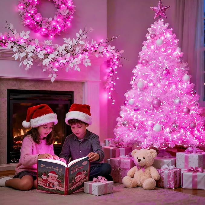 JMEXSUSS 33ft 100 LED Pink Christmas Lights, Pink Battery Operated Lights with 8 Modes Remote, Indoor Outdoor String Light for Bedroom Christmas Party Tree Decorations