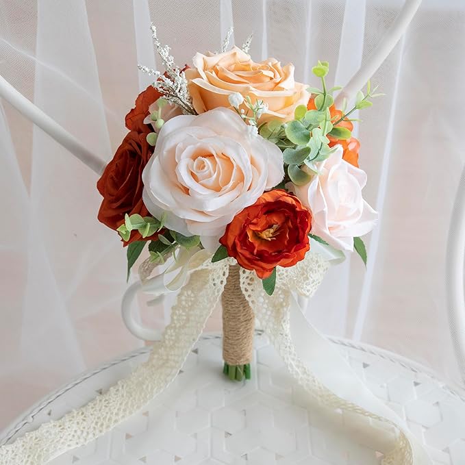 Wedding Bouquets for Bride Bridesmaid, Artificial Burnt Orange Bride Flower Bouquet for Wedding Church Decoration Ceremony, Anniversary, etc, Roses Flowers