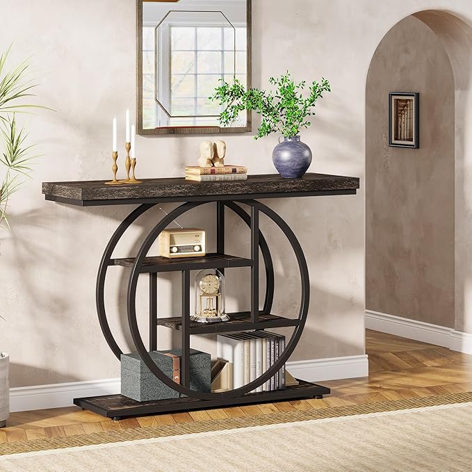 Tribesigns 41.3" Console Table, Industrial 4-Tier Sofa Table Entryway Table with Circle Base, Narrow Wood Accent Tables with Storage Shelves for Living Room, Hallway, Foyer, Charcoal Black