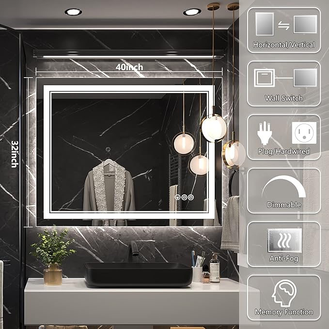 40x32 Inch Led Mirror for Bathroom with Front Light and Backlit, Dimmable Anti Fog Wall Bathroom Mirror with Led Lights, Water Proof, Decor Vanity Mirror