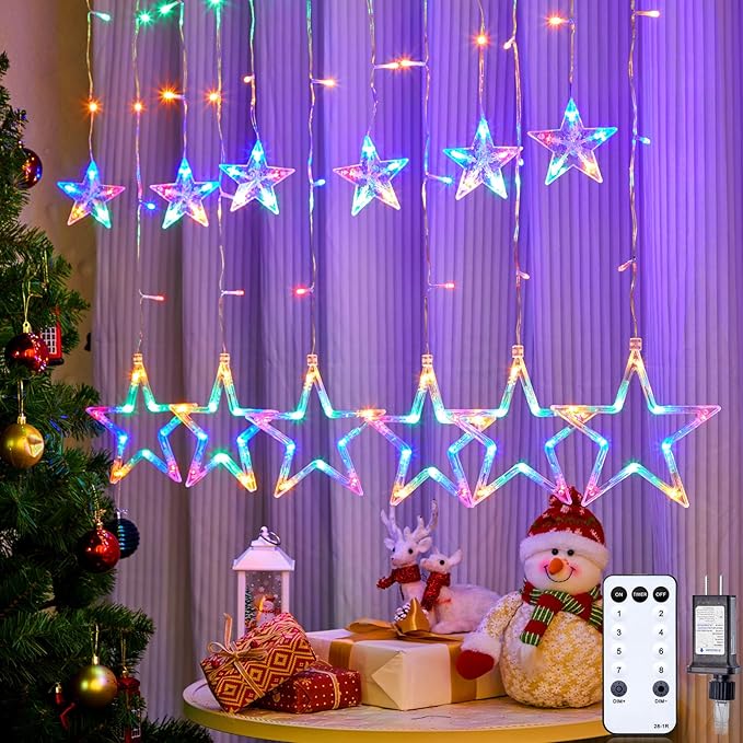 Star Curtain Lights for Bedroom - Plug-in 9ft 138 LED Fairy Twinkle Lights with 12 Star Drops, Connectable Window Lights with Remote 8 Lighting Modes for Indoor Xmas Ramadan Decoration, Multicolored
