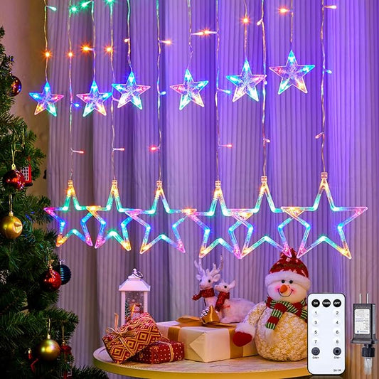 Star Curtain Lights for Bedroom - Plug-in 9ft 138 LED Fairy Twinkle Lights with 12 Star Drops, Connectable Window Lights with Remote 8 Lighting Modes for Indoor Xmas Ramadan Decoration, Multicolored
