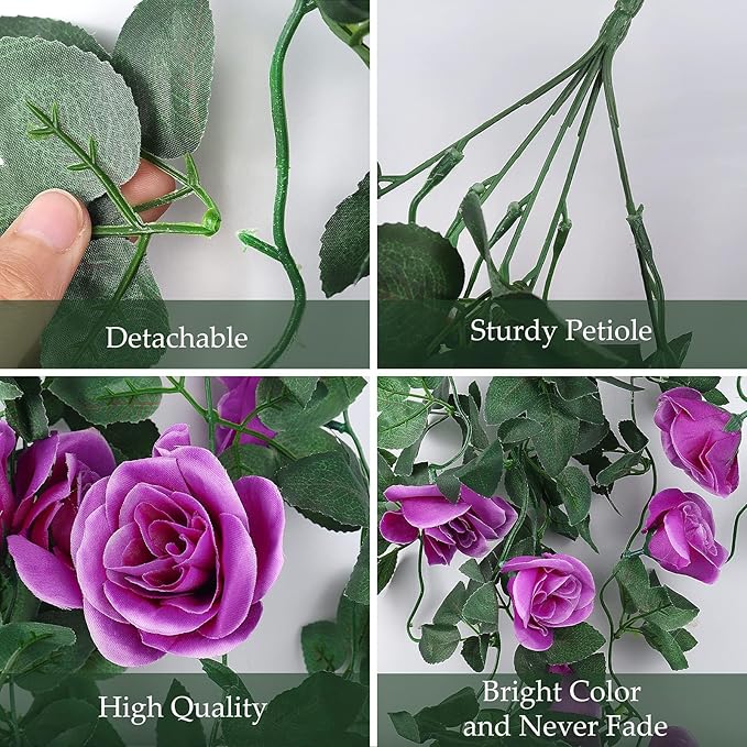 RECUTMS Artificial Hanging Rose Flower Plants Outdoor with 30 LED Fairy String Lights Fake Flowers for House Garden Patio Front Porch Indoor Decor (Purple)