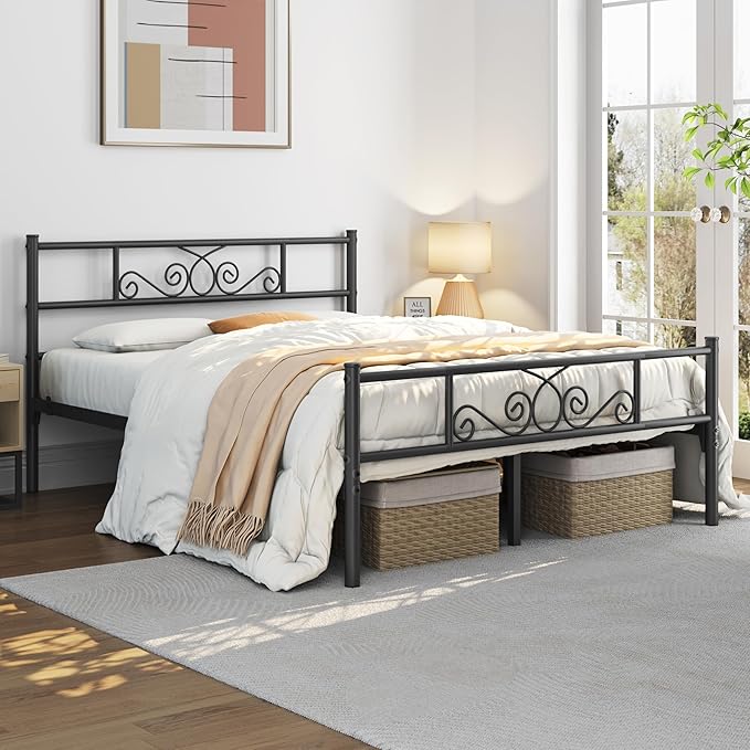 Yaheetech Queen Bed Frames Metal Platform Bed with Headboard&Footboard for Bedrooms/No Box Spring Needed/Easy Assembly/Underbed Space: 12.6’’/Black Queen Bed