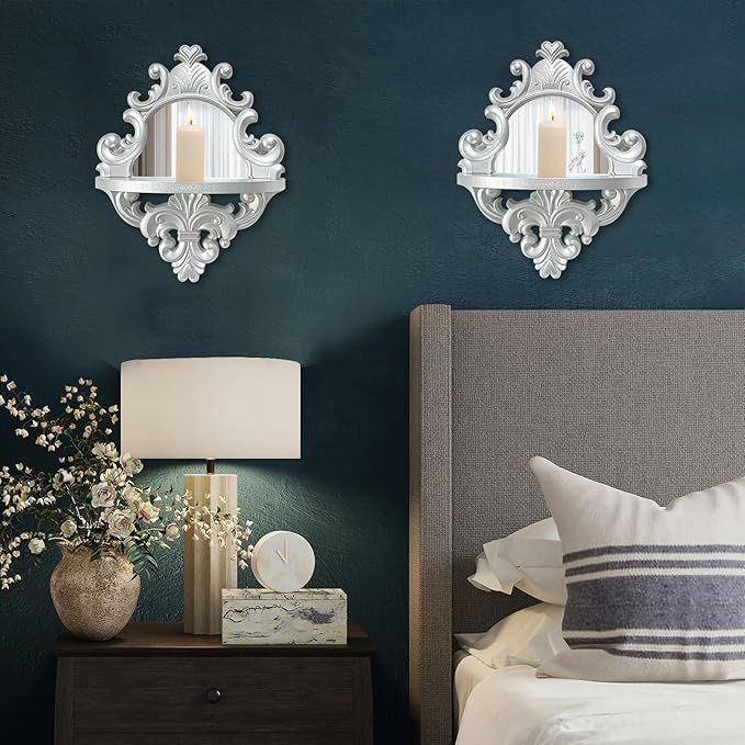 Three-Dimensional Relief Candle Sconces Set 2 Rustic Wall Mount Candle Holders Wood Hanging Wall Decor Mirrored Wall Art Hand Carved Home Decoration Silver