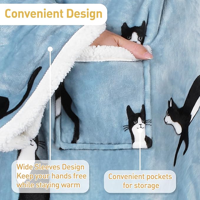 Catalonia Sherpa Wearable Blanket with Sleeves & Foot Pockets for Adult Women Men, Comfy Snuggle Wrap Sleeved Throw Blanket Robe, Gift Idea, Wonder Cat