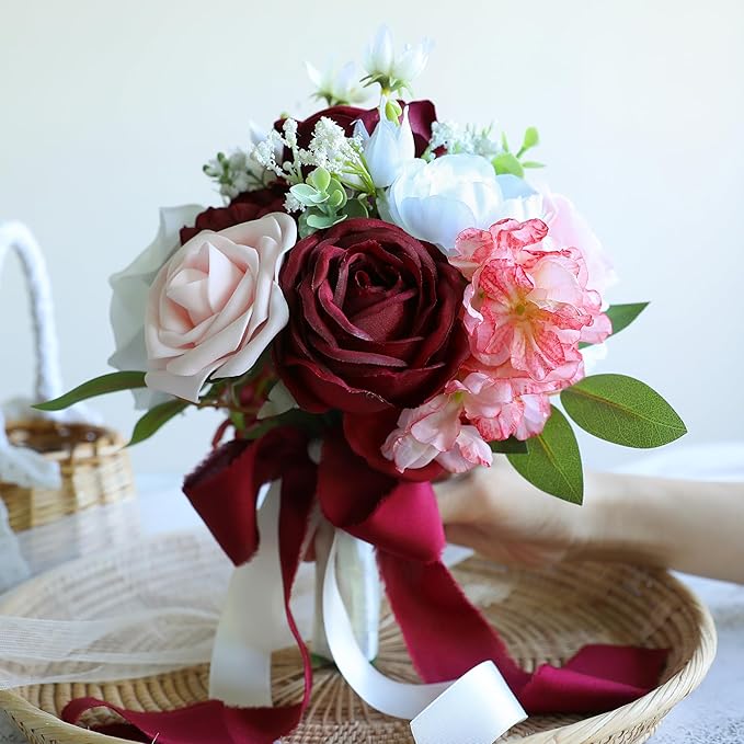 ponatia Burgundy Wedding Bouquets for Bride Bridesmaid, Blush Artificial Prom Flowers Bouquet for Weddings, Ceremony, Anniversary (Burgundy & Blush)