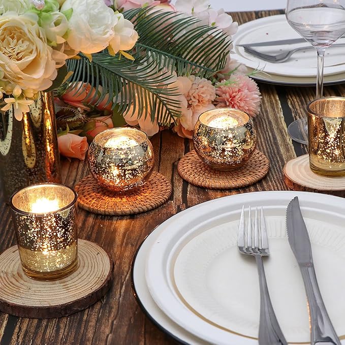 DEVI 24pcs Assorted Gold Votive Candle Holders, Mercury Glass Candle Holder, Diwali Decorations, Gold Wedding Centerpieces for Tables, Gold Bridal Shower PartyTable Decorations