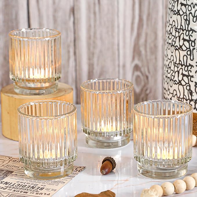 Vintage Ribbed Clear Glass Tealight & Votive Candle Holders (Set of 12), Wedding Bridal Shower Party Table Decor, Fall Decor, Boho Decor, Shelf Decoration