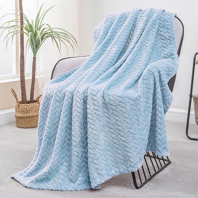 Exclusivo Mezcla Fleece Throw Blanket for Couch, 50x70 Inches Soft Cozy Jacquard Flannel Blankets, Lightweight Fuzzy Plush Warm Throws for Winter, Light Blue